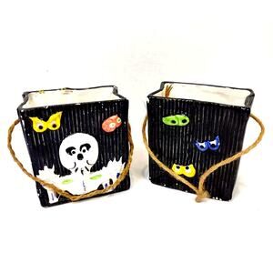 Pair Ceramic Halloween Bags Rope Handle Happy Ghost Bats Jay Imports VTG